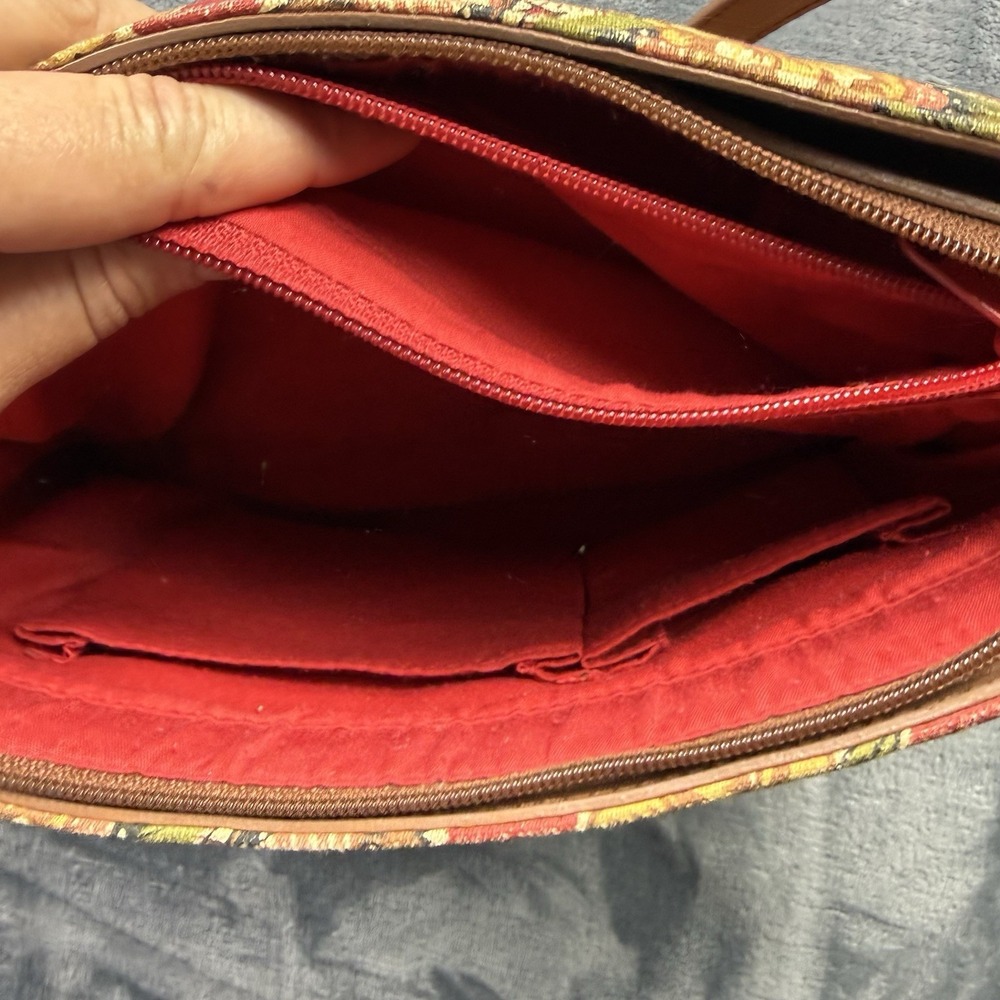 Floral Beaded Canvas Shoulder Bag Red Boho Tapestry Print Zip Top Purse - Picture 10 of 12